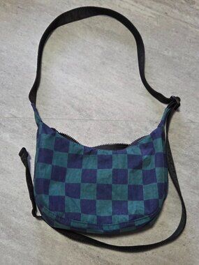 BAGGU Small Crescent Bag Navy Green Checkered Crossbody Nylon